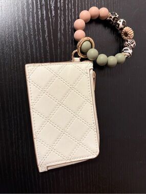 A New Day Quilted Card Holder Wallet Beaded Wristlet Cream Neutral